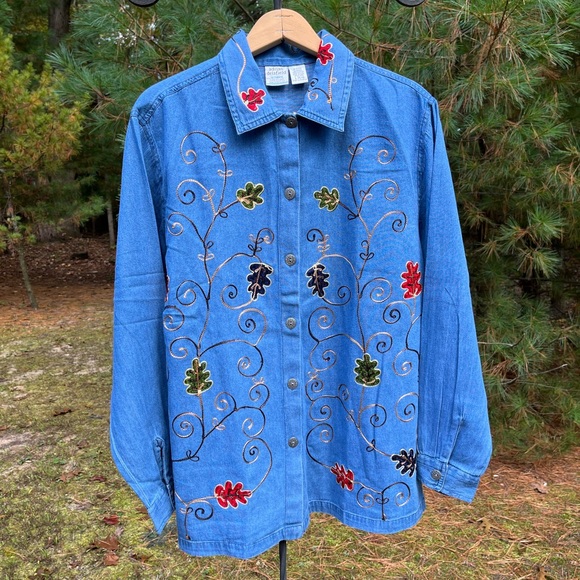 Haband Tops - 90s Adrian Delafield Embroidered Denim Button-Up Shirt Blouse Leaves Fall Fairy